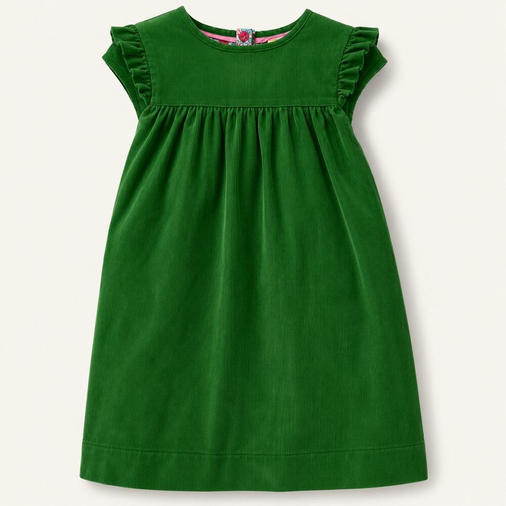 MINI BODEN | Green Corduroy Ruffle Dress Empire Waist Pleated | Size 4-5Y